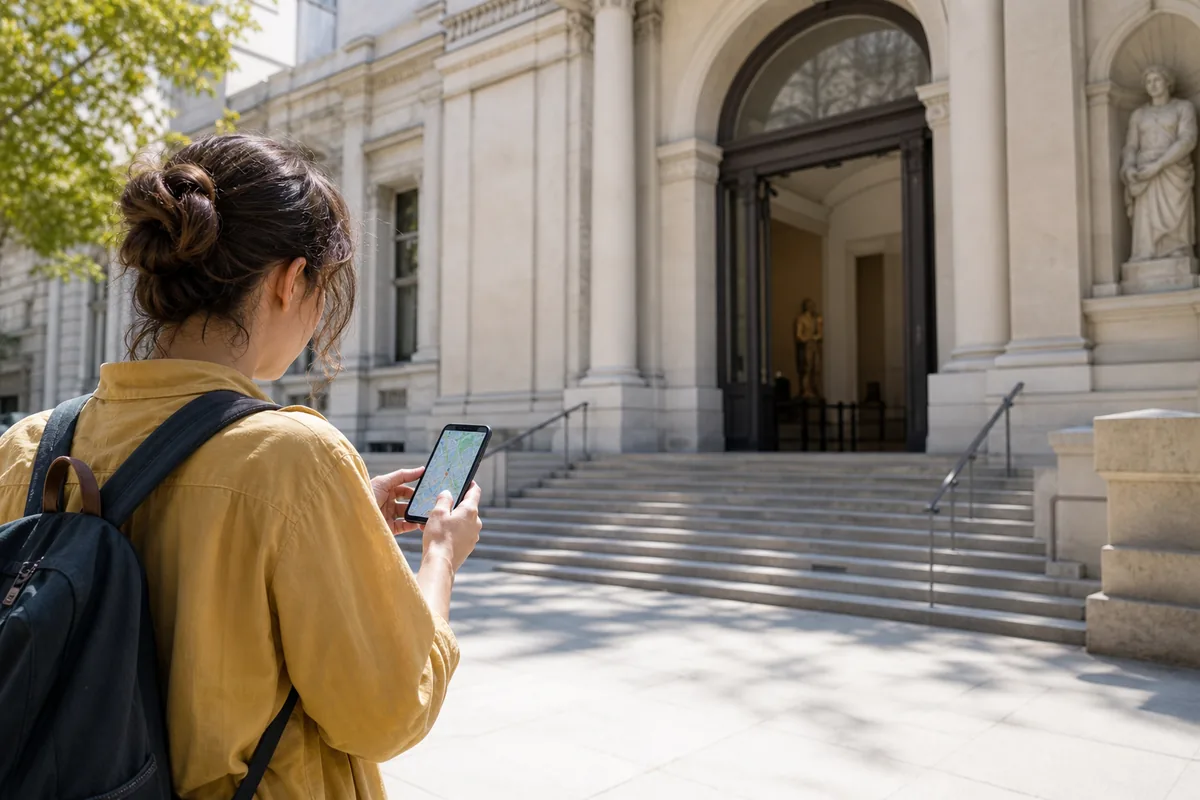 Visitor using a map to find nearby free museums